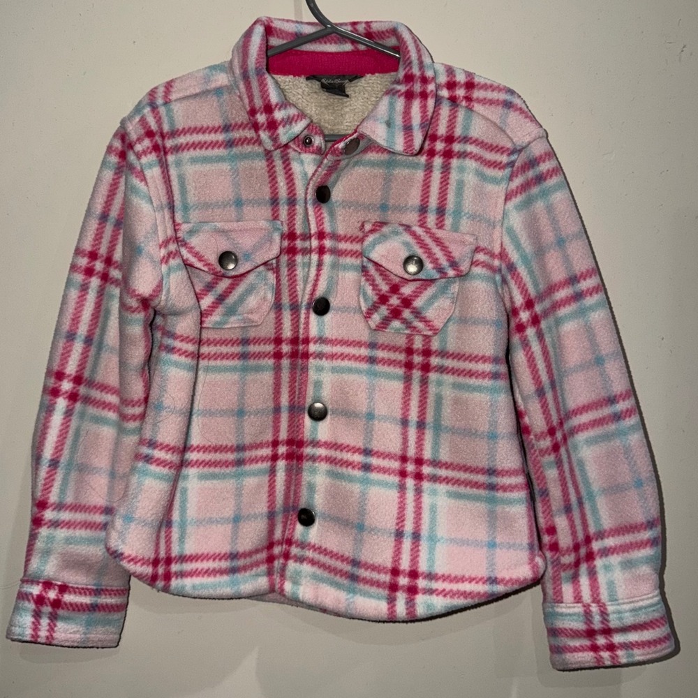 Eddie Bauer Girls Sherpa Lined Plaid Jacket Size 4/5 Pink Fleece Shacket‎
